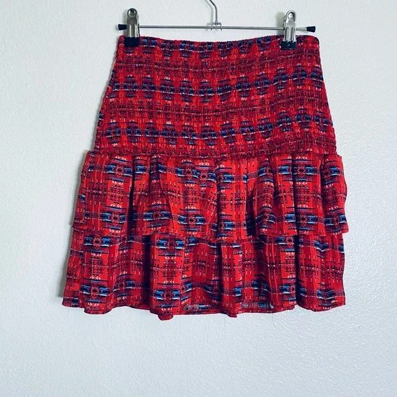 Aqua Red Patterned Smocked A-Line Mini Skirt with Blue Accents - Picture 5 of 10